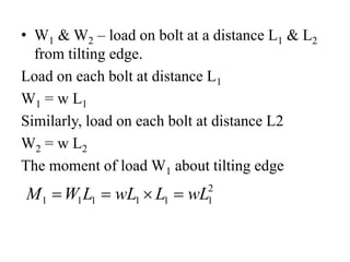 • W1 & W2 – load on bolt at a distance L1 & L2
from tilting edge.
Load on each bolt at distance L1
W1 = w L1
Similarly, load on each bolt at distance L2
W2 = w L2
The moment of load W1 about tilting edge
2
1
1
1
1
1
1 wL
L
wL
L
W
M 



 