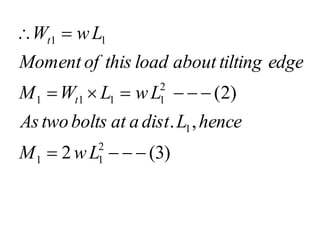 )
3
(
2
,
.
)
2
(
2
1
1
1
2
1
1
1
1
1
1












L
w
M
hence
L
dist
a
at
bolts
two
As
L
w
L
W
M
edge
tilting
about
load
this
of
Moment
L
w
W
t
t
 