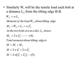 • Similarly Wt will be the tensile load each bolt at
a distance L2 from the tilting edge B-B.
)
5
(
]
[
2
2
2
)
4
(
2
,
.
2
2
2
1
2
2
2
1
2
1
2
2
2
2
2
2
2
2
2
2
2
2

















L
L
w
M
L
w
L
w
M
M
M
M
is
edge
tilting
about
moment
Total
L
w
M
hence
L
dist
a
at
are
bolts
two
the
As
L
w
L
W
M
edge
tilting
about
W
load
the
of
Moment
L
w
W
t
t
t
 