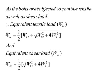 ]
4
[
2
1
)
(
]
4
[
2
1
)
(
.
2
2
2
2
2
2
2
s
t
se
se
s
t
t
te
te
W
W
W
W
load
shear
Equivalent
And
W
W
W
W
W
load
tensile
Equivalent
load
shear
as
well
as
tensile
combile
to
subjected
are
bolts
the
As






 