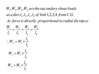 1
4
1
4
1
3
1
3
1
2
1
2
4
4
3
3
2
2
1
1
4
3
2
1
4
3
2
1
tan
.
.
4
,
3
,
2
,
1
,
,
,
.
sec
,
,
,
l
l
W
W
l
l
W
W
l
l
W
W
l
W
l
W
l
W
l
W
ce
dis
radial
to
al
proportion
directly
is
force
As
G
C
from
bolt
of
l
l
l
l
dist
a
at
loads
shear
ondary
the
are
W
W
W
W










 