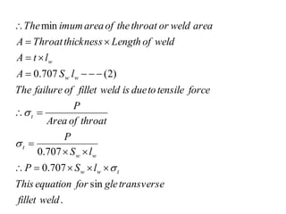 .
sin
707
.
0
707
.
0
)
2
(
707
.
0
min
weld
fillet
transverse
gle
for
equation
This
l
S
P
l
S
P
throat
of
Area
P
force
tensile
to
due
is
weld
fillet
of
failure
The
l
S
A
l
t
A
weld
of
Length
thickness
Throat
A
area
weld
or
throat
the
of
area
imum
The
t
w
w
w
w
t
t
w
w
w






















 