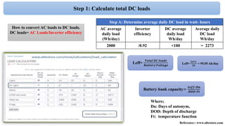 Step 1: Calculate total DC loads
How to convert AC loads to DC loads.
DC loads= AC Loads/Inverter efficiency
Step A: Determine average daily DC load in watt- hours
AC average
daily load
(Wh/day)
Inverter
efficiency
DC average
daily load
Wh/day
Average daily
DC load
Wh/day
2000 /0.92 +100 = 2273
Reference:- www.altestore.com
Leff=
𝑻𝒐𝒕𝒂𝒍 𝑫𝑪 𝒍𝒐𝒂𝒅𝒔
𝑩𝒂𝒕𝒕𝒆𝒓𝒚 𝑽𝒐𝒍𝒕𝒂𝒈𝒆
Battery bank capacity=
𝑳𝒆𝒇𝒇∗𝑫𝒂
𝑫𝑶𝑫∗𝑭𝒕
Where;
Da: Days of autonym,
DOD: Depth of discharge
Ft: temperature function
Leff=
𝟐𝟐𝟕𝟑
𝟐𝟒
= 95.05 Ah/day
 