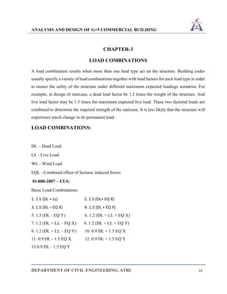 ANALYSIS AND DESIGN OF G+5 COMMERCIAL BUILDING
DEPARTMENT OF CIVIL ENGINEERING, ATRI 17
CHAPTER-3
LOAD COMBINATIONS
A load combination results when more than one load type act on the structure. Building codes
usually specify a variety of load combinations together with load factors for each load type in order
to ensure the safety of the structure under different maximum expected loadings scenarios. For
example, in design of staircase, a dead load factor be 1.2 times the weight of the structure. And
live load factor may be 1.5 times the maximum expected live load. These two factored loads are
combined to determine the required strength of the staircase. It is less likely that the structure will
experience much change in its permanent load.
LOAD COMBINATIONS:
DL – Dead Load
LL - Live Load
WL - Wind Load
EQL - Combined effect of Seismic induced forces
IS-800-2007 – ULS:
Basic Load Combinations
1. 1.5 (DL + LL) 2. 1.5 (DL+ EQ X)
3. 1.5 (DL – EQ X) 4. 1.5 (DL + EQ Y)
5. 1.5 (DL - EQ Y) 6. 1.2 (DL + LL + EQ X)
7. 1.2 (DL + LL – EQ X) 8. 1.2 (DL + LL + EQ Y)
9. 1.2 (DL + LL – EQ Y) 10. 0.9 DL + 1.5 EQ X
11. 0.9 DL - 1.5 EQ X 12. 0.9 DL + 1.5 EQ Y
13.0.9 DL - 1.5 EQ Y
 