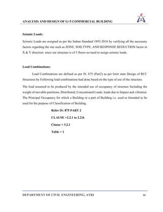 ANALYSIS AND DESIGN OF G+5 COMMERCIAL BUILDING
DEPARTMENT OF CIVIL ENGINEERING, ATRI 34
Seismic Loads:
Seismic Loads are assigned as per the Indian Standard 1893-2016 by verifying all the necessary
factors regarding the site such as ZONE, SOILTYPE, AND RESPONSE REDUCTION factor in
X & Y direction. since our structure is of 3 floors no need to assign seismic loads.
Load Combinations:
Load Combinations are defined as per IS: 875 (Part2) as per limit state Design of RCC
Structures by Following load combinations had done based on the type of use of the structure.
The load assumed to be produced by the intended use of occupancy of structure Including the
weight of movable partitions, Distributed, Concentrated Loads, loads due to Impact and vibration.
The Principal Occupancy for which a Building or a part of Building i.e. used or Intended to be
used for the purpose of Classification of Building.
Refer IS: 875 PART 2
CLAUSE =2.2.1 to 2.2.8.
Clause = 3.2.1
Table = 1
 