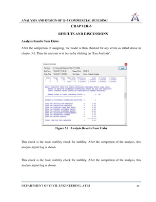 ANALYSIS AND DESIGN OF G+5 COMMERCIAL BUILDING
DEPARTMENT OF CIVIL ENGINEERING, ATRI 37
CHAPTER-5
RESULTS AND DISCUSSIONS
Analysis Results from Etabs:
After the completion of assigning, the model is then checked for any errors as stated above in
chapter 5.6. Then the analysis is to be run by clicking on ‘Run Analysis’.
Figure 5.1: Analysis Results from Etabs
This check is the basic stability check for stability. After the completion of the analysis, this
analysis report log is shown
This check is the basic stability check for stability. After the completion of the analysis, this
analysis report log is shown
 