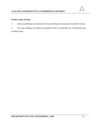 ANALYSIS AND DESIGN OF G+5 COMMERCIAL BUILDING
DEPARTMENT OF CIVIL ENGINEERING, ATRI 48
Further Scope of Study:
1. Analysis and Design can be done for the same building by increasing the number of stories.
2. The same building can further be modelled in Revit Architecture for Architectural and
Aesthetic looks.
 