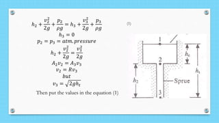 ℎ2 +
𝑣2
2
2𝑔
+
𝑝2
𝜌𝑔
= ℎ3 +
𝑣3
2
2𝑔
+
𝑝3
𝜌𝑔
ℎ3 = 0
𝑝2 = 𝑝3 = 𝑎𝑡𝑚. 𝑝𝑟𝑒𝑠𝑠𝑢𝑟𝑒
ℎ2 +
𝑣2
2
2𝑔
=
𝑣3
2
2𝑔
𝐴2 𝑣2 = 𝐴3 𝑣3
𝑣2 = 𝑅𝑣3
𝑏𝑢𝑡
𝑣3 = 2𝑔ℎ 𝑡
Then put the values in the equation (1)
(1)
 