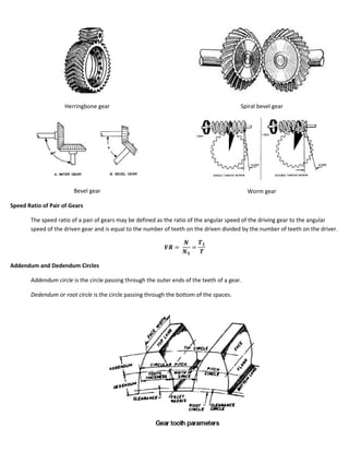 Herringbone gear                                                      Spiral bevel gear




                        Bevel gear                                                            Worm gear

Speed Ratio of Pair of Gears

       The speed ratio of a pair of gears may be defined as the ratio of the angular speed of the driving gear to the angular
       speed of the driven gear and is equal to the number of teeth on the driven divided by the number of teeth on the driver.




Addendum and Dedendum Circles

       Addendum circle is the circle passing through the outer ends of the teeth of a gear.

       Dedendum or root circle is the circle passing through the bottom of the spaces.
 