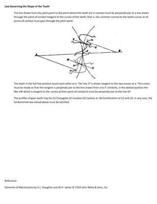Law Governing the Shape of the Teeth

       The line drawn from the pitch point to the point where the teeth are in contact must be perpendicular to a line drawn
       through the point of contact tangent to the curves of the teeth; that is, the common normal to the tooth curves at all
       points of contact must pass through the pitch point.




       The teeth in the full-line position touch each other at a. The line ST is drawn tangent to the two curves at a. The curves
       must be made so that this tangent is perpendicular to the line drawn from a to P. Similarly, in the dotted position the
       libe VW which is tangent to the curves at their point of contact b must be perpendicular to the line bP.

       The profiles of gear teeth may be (1) Conjugate (2) Involute (3) Cycloid, or (4) Combination of (2) and (3). In any case, the
       fundamental law stated above must be satisfied.




Reference:

Elements of Mechanisms by V.L. Daughtie and W.H. James © 1954 John Wiley & Sons, Inc.
 