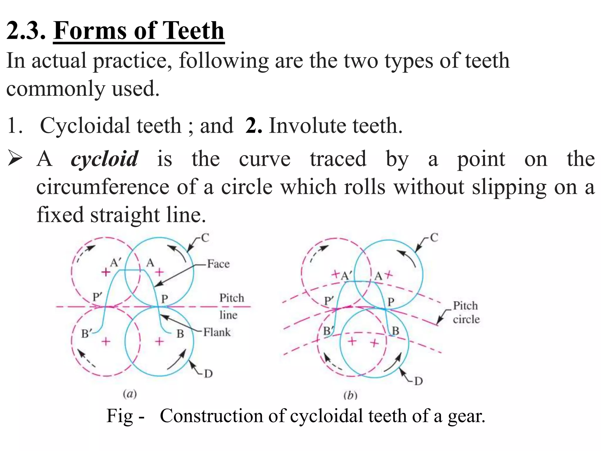 2.3. Forms of Teeth
In actual practice, following are the two types of teeth
commonly used.
1. Cycloidal teeth ; and 2. Involute teeth.
 A cycloid is the curve traced by a point on the
circumference of a circle which rolls without slipping on a
fixed straight line.
Fig - Construction of cycloidal teeth of a gear.
 