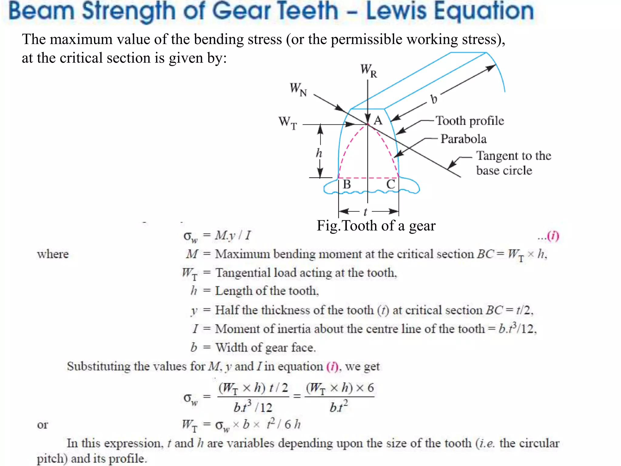 The maximum value of the bending stress (or the permissible working stress),
at the critical section is given by:
Fig.Tooth of a gear
 