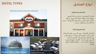 ‫الفنادق‬ ‫انواع‬
Suburban hotels
‫الضواحي‬ ‫فنادق‬
:
‫ازدحام‬
‫المرور‬ ‫حركة‬
‫في‬ ‫حولهم‬
‫نهاية‬ ‫عطلة‬
‫األسبوع‬
,
‫هو‬ ‫و‬
‫للمسافرين‬ ‫مثالي‬
‫الميزانية‬ ‫محدودي‬
,
‫حيث‬
‫نسبيا‬ ‫منخفضة‬ ‫االسعار‬ ‫ان‬
.
‫الفنادق‬
‫العائمة‬
:
‫يتم‬
‫الف‬ ‫هذه‬ ‫تأسيس‬
‫نادق‬
‫على‬
‫سفينة‬ ‫أو‬ ‫فاخرة‬ ‫انابيب‬
,
‫تقع‬ ‫و‬
‫على‬
‫البحيرات‬ ‫أو‬ ‫البحر‬ ‫أو‬ ‫نهر‬
‫الكبيرة‬
‫او‬
‫في‬
‫السفن‬
، ‫السياحية‬
‫صغيرة‬ ‫عموما‬ ‫الغرف‬
‫ثابت‬ ‫األثاث‬ ‫ومعظم‬
.
‫تكون‬ ‫اإلقامة‬ ‫معظم‬
‫طويلة‬
Floating hotels
HOTEL TYPES
suburban-hotel-richmond-richmond
Serbia's Salt and Water Studio's
Catamaran Rooms
The Ark Hotel by Remi Studio
 