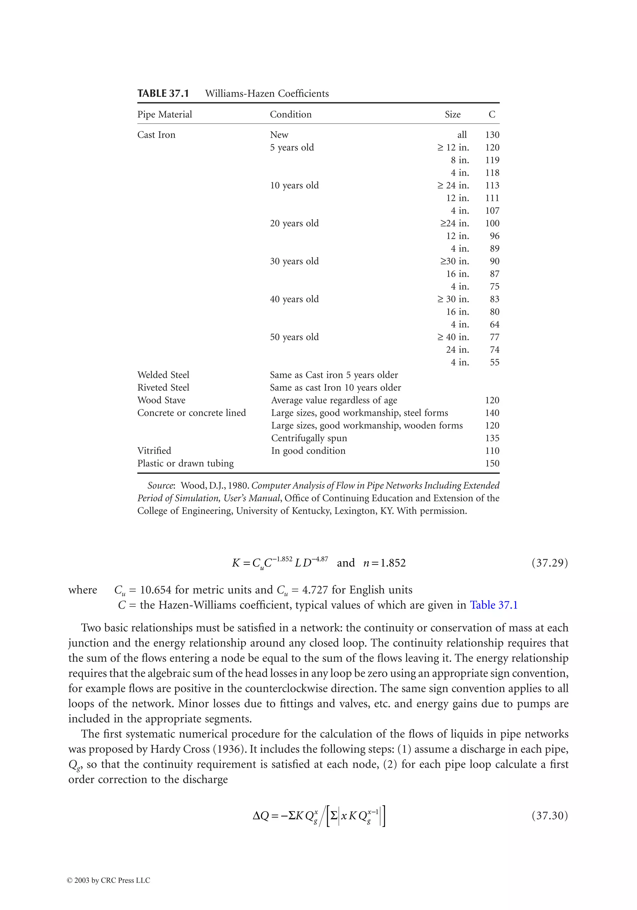 37-30 The Civil Engineering Handbook, Second Edition
(37.29)
where Cu = 10.654 for metric units and Cu = 4.727 for English units
C = the Hazen-Williams coefficient, typical values of which are given in Table 37.1
Two basic relationships must be satisfied in a network: the continuity or conservation of mass at each
junction and the energy relationship around any closed loop. The continuity relationship requires that
the sum of the flows entering a node be equal to the sum of the flows leaving it. The energy relationship
requires that the algebraic sum of the head losses in any loop be zero using an appropriate sign convention,
for example flows are positive in the counterclockwise direction. The same sign convention applies to all
loops of the network. Minor losses due to fittings and valves, etc. and energy gains due to pumps are
included in the appropriate segments.
The first systematic numerical procedure for the calculation of the flows of liquids in pipe networks
was proposed by Hardy Cross (1936). It includes the following steps: (1) assume a discharge in each pipe,
Qg, so that the continuity requirement is satisfied at each node, (2) for each pipe loop calculate a first
order correction to the discharge
(37.30)
TABLE 37.1 Williams-Hazen Coefficients
Pipe Material Condition Size C
Cast Iron New all 130
5 years old ≥ 12 in. 120
8 in. 119
4 in. 118
10 years old ≥ 24 in. 113
12 in. 111
4 in. 107
20 years old ≥24 in. 100
12 in. 96
4 in. 89
30 years old ≥30 in. 90
16 in. 87
4 in. 75
40 years old ≥ 30 in. 83
16 in. 80
4 in. 64
50 years old ≥ 40 in. 77
24 in. 74
4 in. 55
Welded Steel Same as Cast iron 5 years older
Riveted Steel Same as cast Iron 10 years older
Wood Stave Average value regardless of age 120
Concrete or concrete lined Large sizes, good workmanship, steel forms 140
Large sizes, good workmanship, wooden forms 120
Centrifugally spun 135
Vitrified In good condition 110
Plastic or drawn tubing 150
Source: Wood, D.J., 1980. Computer Analysis of Flow in Pipe Networks Including Extended
Period of Simulation, User’s Manual, Office of Continuing Education and Extension of the
College of Engineering, University of Kentucky, Lexington, KY. With permission.
K C C LD n
u
= =
- -
1 852 4 87
1 852
. .
.
and
D S S
Q KQ x KQ
g
x
g
x
= - [ ]
-1
© 2003 by CRC Press LLC
 