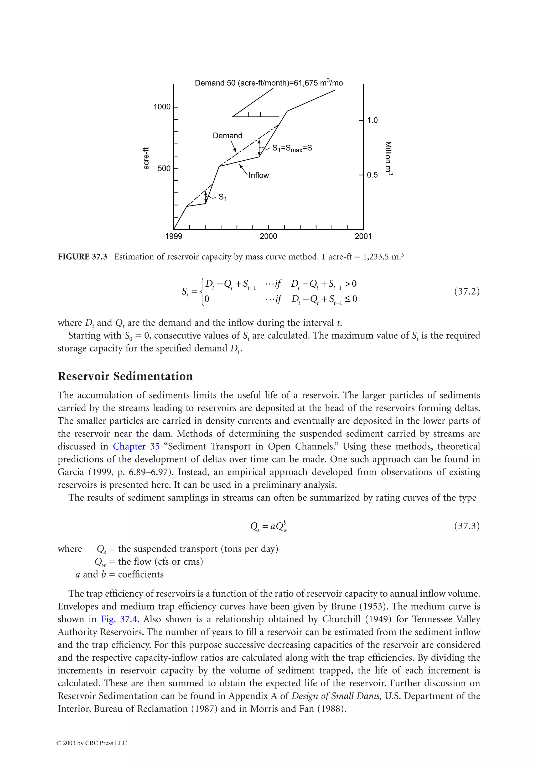 37-4 The Civil Engineering Handbook, Second Edition
(37.2)
where Dt and Qt are the demand and the inflow during the interval t.
Starting with S0 = 0, consecutive values of St are calculated. The maximum value of St is the required
storage capacity for the specified demand Dt.
Reservoir Sedimentation
The accumulation of sediments limits the useful life of a reservoir. The larger particles of sediments
carried by the streams leading to reservoirs are deposited at the head of the reservoirs forming deltas.
The smaller particles are carried in density currents and eventually are deposited in the lower parts of
the reservoir near the dam. Methods of determining the suspended sediment carried by streams are
discussed in Chapter 35 “Sediment Transport in Open Channels.” Using these methods, theoretical
predictions of the development of deltas over time can be made. One such approach can be found in
Garcia (1999, p. 6.89–6.97). Instead, an empirical approach developed from observations of existing
reservoirs is presented here. It can be used in a preliminary analysis.
The results of sediment samplings in streams can often be summarized by rating curves of the type
(37.3)
where Qs = the suspended transport (tons per day)
Qw = the flow (cfs or cms)
a and b = coefficients
The trap efficiency of reservoirs is a function of the ratio of reservoir capacity to annual inflow volume.
Envelopes and medium trap efficiency curves have been given by Brune (1953). The medium curve is
shown in Fig. 37.4. Also shown is a relationship obtained by Churchill (1949) for Tennessee Valley
Authority Reservoirs. The number of years to fill a reservoir can be estimated from the sediment inflow
and the trap efficiency. For this purpose successive decreasing capacities of the reservoir are considered
and the respective capacity-inflow ratios are calculated along with the trap efficiencies. By dividing the
increments in reservoir capacity by the volume of sediment trapped, the life of each increment is
calculated. These are then summed to obtain the expected life of the reservoir. Further discussion on
Reservoir Sedimentation can be found in Appendix A of Design of Small Dams, U.S. Department of the
Interior, Bureau of Reclamation (1987) and in Morris and Fan (1988).
FIGURE 37.3 Estimation of reservoir capacity by mass curve method. 1 acre-ft = 1,233.5 m.3
S1=Smax=S
1000
1.0
0.5
500
1999 2000 2001
Million
m
3
acre-ft
Demand
Demand 50 (acre-ft/month)=61,675 m3
/mo
Inflow
S1
S
D Q S if D Q S
if D Q S
t
t t t t t t
t t t
=
- + - + >
- + £
Ï
Ì
Ó
- -
-
1 1
1
0
0 0
L
L
Q aQ
s w
b
=
© 2003 by CRC Press LLC
 