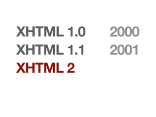 XHTML 1.0   2000
XHTML 1.1   2001
XHTML 2
 