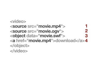 <video>
<source src="movie.mp4">         1
<source src="movie.ogv">         2
<object data="movie.swf">        3
<a href="movie.mp4">download</a> 4
</object>
</video>
 