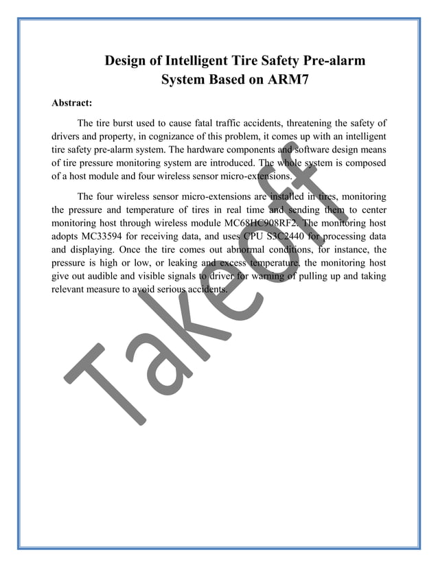 Design of intelligent tire safety pre alarm system based on arm7 | DOCX