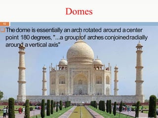 Domes
53
Materials usedto construct
Bricks,mud, stone, glass,wood, metal, plastic
and concrete
 