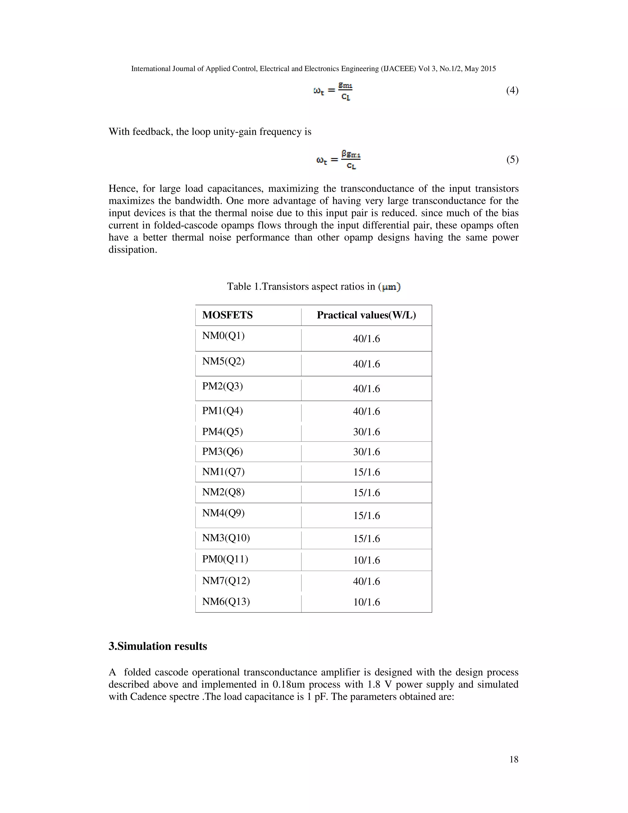 International Journal of Applied Control, Electrical and Electronics Engineering (IJACEEE) Vol 3, No.1/2, May 2015
18
(4)
With feedback, the loop unity-gain frequency is
(5)
Hence, for large load capacitances, maximizing the transconductance of the input transistors
maximizes the bandwidth. One more advantage of having very large transconductance for the
input devices is that the thermal noise due to this input pair is reduced. since much of the bias
current in folded-cascode opamps flows through the input differential pair, these opamps often
have a better thermal noise performance than other opamp designs having the same power
dissipation.
Table 1.Transistors aspect ratios in (
MOSFETS Practical values(W/L)
NM0(Q1) 40/1.6
NM5(Q2) 40/1.6
PM2(Q3) 40/1.6
PM1(Q4) 40/1.6
PM4(Q5) 30/1.6
PM3(Q6) 30/1.6
NM1(Q7) 15/1.6
NM2(Q8) 15/1.6
NM4(Q9) 15/1.6
NM3(Q10) 15/1.6
PM0(Q11) 10/1.6
NM7(Q12) 40/1.6
NM6(Q13) 10/1.6
3.Simulation results
A folded cascode operational transconductance amplifier is designed with the design process
described above and implemented in 0.18um process with 1.8 V power supply and simulated
with Cadence spectre .The load capacitance is 1 pF. The parameters obtained are:
 