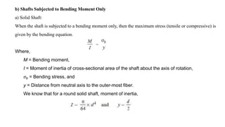 b) Shafts Subjected to Bending Moment Only
a) Solid Shaft:
When the shaft is subjected to a bending moment only, then the ...