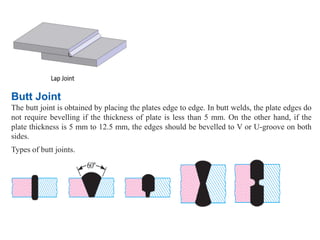 Butt Joint
The butt joint is obtained by placing the plates edge to edge. In butt welds, the plate edges do
not require bevelling if the thickness of plate is less than 5 mm. On the other hand, if the
plate thickness is 5 mm to 12.5 mm, the edges should be bevelled to V or U-groove on both
sides.
Types of butt joints.
 