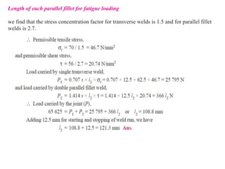 Length of each parallel fillet for fatigue loading
we find that the stress concentration factor for transverse welds is 1.5 and for parallel fillet
welds is 2.7.
 
