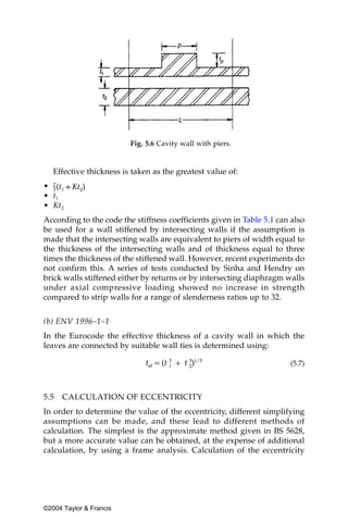Fig. 5.6 Cavity wall with piers.


   Effective thickness is taken as the greatest value of:
•
• t1
• Kt2
According to the code the stiffness coefficients given in Table 5.1 can also
be used for a wall stiffened by intersecting walls if the assumption is
made that the intersecting walls are equivalent to piers of width equal to
the thickness of the intersecting walls and of thickness equal to three
times the thickness of the stiffened wall. However, recent experiments do
not confirm this. A series of tests conducted by Sinha and Hendry on
brick walls stiffened either by returns or by intersecting diaphragm walls
under axial compressive loading showed no increase in strength
compared to strip walls for a range of slenderness ratios up to 32.


(b) ENV 1996–1–1
In the Eurocode the effective thickness of a cavity wall in which the
leaves are connected by suitable wall ties is determined using:

                                                                       (5.7)



5.5   CALCULATION OF ECCENTRICITY
In order to determine the value of the eccentricity, different simplifying
assumptions can be made, and these lead to different methods of
calculation. The simplest is the approximate method given in BS 5628,
but a more accurate value can be obtained, at the expense of additional
calculation, by using a frame analysis. Calculation of the eccentricity




©2004 Taylor & Francis
 