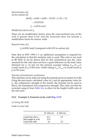 Determination of fk
As for section (a)




Modification factors for fk
There are no modification factors since the cross-sectional area of the
wall is greater than 0.1m 2 and the Eurocode does not include a
modification factor for narrow walls.

Required value of fk
          fk=6.83N/mm2 (compared with 8.35 in section (a))


Note that in ENV 1996–1–1 an additional assumption is required for
the calculation in that the modular ratio is used. This ratio is not used
in BS 5628. It can be shown that for this symmetrical case the value
assumed for the ratio does not have a great influence on the final value
obtained for f k. In fact for the present example taking Eslab/Ewall=1
would result in fk=7.0N/mm2 whilst taking Eslab/Ewall=4 would result in
fk=6.7N/mm2.

Selection of brick/mortar combination
This selection can be achieved using the formula given in section 4.4.3.(b)
Using the previously calculated value of fk and an appropriate value for
fm, the compressive strength of the mortar, the formula can be used to
find fb, the normalized unit compressive strength. This value can then be
corrected using δ, from Table 4.6, to allow for the height/width ratio of
the unit used.


5.9.2   Example 2: External cavity wall (Fig. 5.17)

(a) Using BS 5628
Loads on inner leaf




©2004 Taylor & Francis
 
