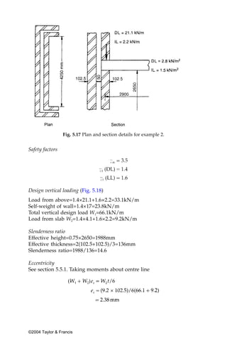 Fig. 5.17 Plan and section details for example 2.


Safety factors




Design vertical loading (Fig. 5.18)
Load from above=1.4×21.1+1.6×2.2=33.1kN/m
Self-weight of wall=1.4×17=23.8kN/m
Total vertical design load W1=66.1kN/m
Load from slab W2=1.4×4.1+1.6×2.2=9.2kN/m

Slenderness ratio
Effective height=0.75×2650=1988mm
Effective thickness=2(102.5+102.5)/3=136mm
Slenderness ratio=1988/136=14.6

Eccentricity
See section 5.5.1. Taking moments about centre line




©2004 Taylor & Francis
 