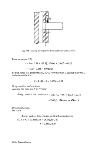 Fig. 5.18 Loading arrangement for eccentricity calculations.



From equation (5.2)




So that, since et is greater than ex, em=em=0.088t which is greater than 0.05t,
with the result that:



Design vertical load resistance
Assume t in mm and fk in N/mm2.

      design vertical load resistance




Determination of fk
We have

          design vertical load=design vertical load resistance




©2004 Taylor & Francis
 