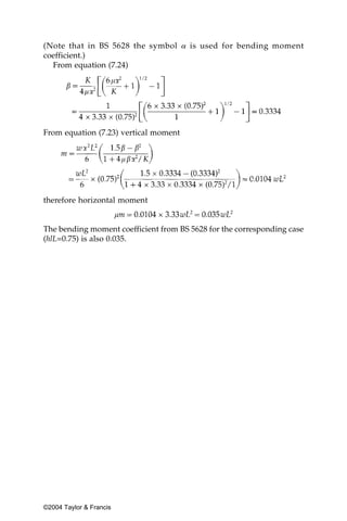(Note that in BS 5628 the symbol ␣ is used for bending moment
coefficient.)
  From equation (7.24)




From equation (7.23) vertical moment




therefore horizontal moment


The bending moment coefficient from BS 5628 for the corresponding case
(hlL=0.75) is also 0.035.




©2004 Taylor & Francis
 