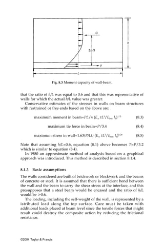 Fig. 8.3 Moment capacity of wall-beam.


that the ratio of h/L was equal to 0.6 and that this was representative of
walls for which the actual h/L value was greater.
   Conservative estimates of the stresses in walls on beam structures
with restrained or free ends based on the above are:

         maximum moment in beam=PL/4 (Ew tL3/Ebm Ib)1/3              (8.3)

                  maximum tie force in beam=P/3.4                    (8.4)

         maximum stress in wall=1.63(P/Lt) (Ew tL3/Ebm Ib)0.28       (8.5)

Note that assuming h/L=0.6, equation (8.1) above becomes T=P/3.2
which is similar to equation (8.4).
  In 1980 an approximate method of analysis based on a graphical
approach was introduced. This method is described in section 8.1.4.


8.1.3   Basic assumptions
The walls considered are built of brickwork or blockwork and the beams
of concrete or steel. It is assumed that there is sufficient bond between
the wall and the beam to carry the shear stress at the interface, and this
presupposes that a steel beam would be encased and the ratio of h/L
would be у0.6.
   The loading, including the self-weight of the wall, is represented by a
istributed load along the top surface. Care must be taken with
additional loads placed at beam level since the tensile forces that might
result could destroy the composite action by reducing the frictional
resistance.




©2004 Taylor & Francis
 
