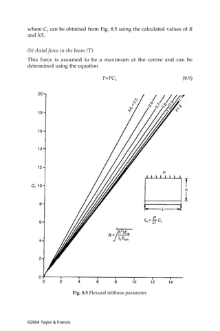 where C1 can be obtained from Fig. 8.5 using the calculated values of R
and h/L.


(b) Axial force in the beam (T)
This force is assumed to be a maximum at the centre and can be
determined using the equation

                                       T=PC2                      (8.9)




                         Fig. 8.5 Flexural stiffness parameter.




©2004 Taylor & Francis
 