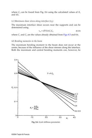 where C2 can be found from Fig. 8.6 using the calculated values of K1
and h/L.


(c) Maximum shear stress along interface (τm)
The maximum interface shear occurs near the supports and can be
determined using
                                                                     (8.10)

where C1 and C2 are the values already obtained from Figs 8.5 and 8.6.


(d) Bending moments in the beam
The maximum bending moment in the beam does not occur at the
centre, because of the influence of the shear stresses along the interface.
Both the maximum and central bending moments can, however, be




                         Fig. 8.6 Axial stiffness parameter.




©2004 Taylor & Francis
 