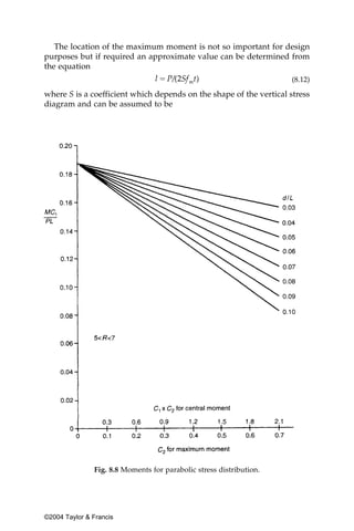 The location of the maximum moment is not so important for design
purposes but if required an approximate value can be determined from
the equation
                                                                     (8.12)

where S is a coefficient which depends on the shape of the vertical stress
diagram and can be assumed to be




               Fig. 8.8 Moments for parabolic stress distribution.




©2004 Taylor & Francis
 