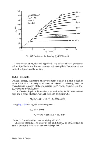 Fig. 10.7 Design aid for bending (fy=460N/mm2).


   Since values of Md/bd2 are approximately constant for a particular
value of ␳ this shows that the characteristic strength of the masonry has
limited influence on the design.


10.2.5   Example
Design a simply supported brickwork beam of span 4 m and of section
215mm×365mm to carry a moment of 24kNm assuming that the
characteristic strength of the material is 19.2N/mm2. Assume also that
␥mm=2.0 and fy=250N/mm2.
  The effective depth of the reinforcement allowing for 20 mm diameter
bars and a cover of 20mm would be 365-20-10=335mm. So



Using Fig. 10.6 with fk=19.2N/mm2 gives




Use two 16mm diameter bars providing 402mm2.
  Check for stability. The lesser of 60b and              is 60×215=12.9 m.
This is greater than 4m and therefore acceptable.




©2004 Taylor & Francis
 