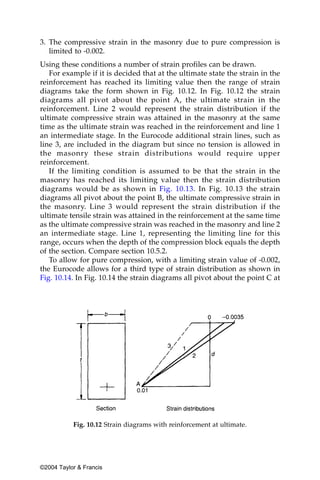 3. The compressive strain in the masonry due to pure compression is
   limited to -0.002.
Using these conditions a number of strain profiles can be drawn.
   For example if it is decided that at the ultimate state the strain in the
reinforcement has reached its limiting value then the range of strain
diagrams take the form shown in Fig. 10.12. In Fig. 10.12 the strain
diagrams all pivot about the point A, the ultimate strain in the
reinforcement. Line 2 would represent the strain distribution if the
ultimate compressive strain was attained in the masonry at the same
time as the ultimate strain was reached in the reinforcement and line 1
an intermediate stage. In the Eurocode additional strain lines, such as
line 3, are included in the diagram but since no tension is allowed in
the masonry these strain distributions would require upper
reinforcement.
   If the limiting condition is assumed to be that the strain in the
masonry has reached its limiting value then the strain distribution
diagrams would be as shown in Fig. 10.13. In Fig. 10.13 the strain
diagrams all pivot about the point B, the ultimate compressive strain in
the masonry. Line 3 would represent the strain distribution if the
ultimate tensile strain was attained in the reinforcement at the same time
as the ultimate compressive strain was reached in the masonry and line 2
an intermediate stage. Line 1, representing the limiting line for this
range, occurs when the depth of the compression block equals the depth
of the section. Compare section 10.5.2.
   To allow for pure compression, with a limiting strain value of -0.002,
the Eurocode allows for a third type of strain distribution as shown in
Fig. 10.14. In Fig. 10.14 the strain diagrams all pivot about the point C at




           Fig. 10.12 Strain diagrams with reinforcement at ultimate.




©2004 Taylor & Francis
 