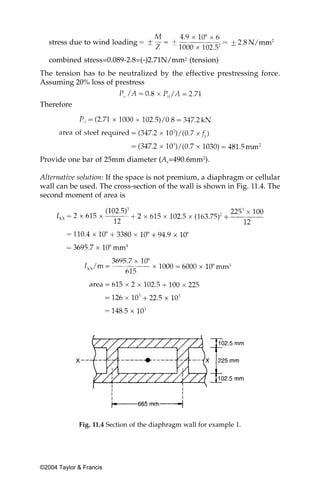 stress due to wind loading

   combined stress=0.089-2.8=(-)2.71N/mm2 (tension)
The tension has to be neutralized by the effective prestressing force.
Assuming 20% loss of prestress


Therefore




Provide one bar of 25mm diameter (As=490.6mm2).

Alternative solution: If the space is not premium, a diaphragm or cellular
wall can be used. The cross-section of the wall is shown in Fig. 11.4. The
second moment of area is




             Fig. 11.4 Section of the diaphragm wall for example 1.




©2004 Taylor & Francis
 