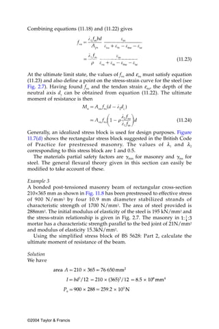 Combining equations (11.18) and (11.22) gives




                                                                      (11.23)


At the ultimate limit state, the values of fsu and εsu must satisfy equation
(11.23) and also define a point on the stress-strain curve for the steel (see
Fig. 2.7). Having found fsu and the tendon strain εsu, the depth of the
neutral axis dc can be obtained from equation (11.22). The ultimate
moment of resistance is then



                                                                      (11.24)

Generally, an idealized stress block is used for design purposes. Figure
11.7(d) shows the rectangular stress block suggested in the British Code
of Practice for prestressed masonry. The values of λ 1 and λ 2
corresponding to this stress block are 1 and 0.5.
   The materials partial safety factors are ␥mm for masonry and ␥ms for
steel. The general flexural theory given in this section can easily be
modified to take account of these.

Example 3
A bonded post-tensioned masonry beam of rectangular cross-section
210×365 mm as shown in Fig. 11.8 has been prestressed to effective stress
of 900 N/mm 2 by four 10.9 mm diameter stabilized strands of
characteristic strength of 1700 N/mm2. The area of steel provided is
288mm2. The initial modulus of elasticity of the steel is 195 kN/mm2 and
the stress-strain relationship is given in Fig. 2.7. The masonry in
mortar has a characteristic strength parallel to the bed joint of 21N/mm2
and modulus of elasticity 15.3kN/mm2.
   Using the simplified stress block of BS 5628: Part 2, calculate the
ultimate moment of resistance of the beam.

Solution
We have




©2004 Taylor & Francis
 