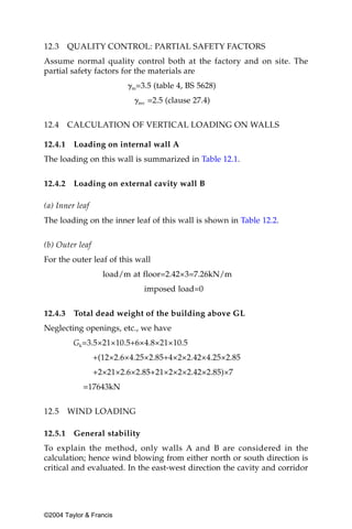 12.3     QUALITY CONTROL: PARTIAL SAFETY FACTORS
Assume normal quality control both at the factory and on site. The
partial safety factors for the materials are
                         ␥m=3.5 (table 4, BS 5628)
                           ␥mv =2.5 (clause 27.4)

12.4     CALCULATION OF VERTICAL LOADING ON WALLS

12.4.1    Loading on internal wall A
The loading on this wall is summarized in Table 12.1.


12.4.2    Loading on external cavity wall B

(a) Inner leaf
The loading on the inner leaf of this wall is shown in Table 12.2.


(b) Outer leaf
For the outer leaf of this wall
                   load/m at floor=2.42×3=7.26kN/m
                              imposed load=0


12.4.3    Total dead weight of the building above GL
Neglecting openings, etc., we have
          Gk=3.5×21×10.5+6×4.8×21×10.5
                 +(12×2.6×4.25×2.85+4×2×2.42×4.25×2.85
                 +2×21×2.6×2.85+21×2×2×2.42×2.85)×7
            =17643kN


12.5     WIND LOADING

12.5.1    General stability
To explain the method, only walls A and B are considered in the
calculation; hence wind blowing from either north or south direction is
critical and evaluated. In the east-west direction the cavity and corridor




©2004 Taylor & Francis
 