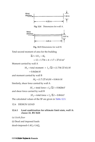 Wind                                            1
                  dire-                                       . 1.34 m

                               12
                                45
                                -.             --
                                                m                 T
                               Fig. 12.4 Dimensions for wall A.

                   Wind
                   direction



                               b
                               -           4.25 m---=T


                           Fig. 12.5 Dimensions for wall B.

Total second moment of area for the building




Moment carried by wall A




and moment carried by wall B


Similarly, shear force carried by wall A


and shear force carried by wall B


The calculated values of the SF are given in Table 12.3.

12.6     DESIGN LOAD

12.6.1     Load combination for ultimate limit state, wall A:
           clause 22, BS 5628

(a) Sixth floor
(i) Dead and imposed loads
dead+imposed=1.4Gk+1.6Qk




©2004 TaylorTaylor & Francis
    ©2004 & Francis
 