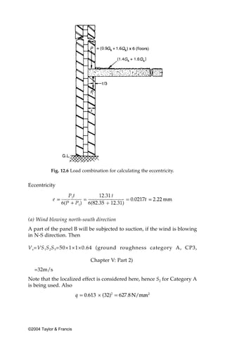 Fig. 12.6 Load combination for calculating the eccentricity.


Eccentricity




(a) Wind blowing north-south direction
A part of the panel B will be subjected to suction, if the wind is blowing
in N-S direction. Then

V s =VS 1 S 2 S 3 =50×1×1×0.64 (ground roughness category A, CP3,

                              Chapter V: Part 2)
   =32m/s
Note that the localized effect is considered here, hence S2 for Category A
is being used. Also




©2004 Taylor & Francis
 