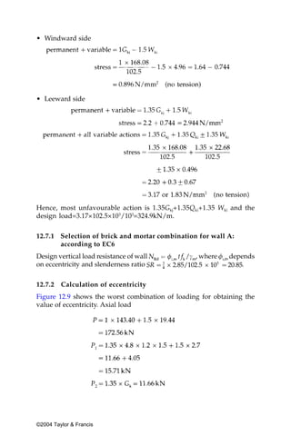 • Windward side




• Leeward side




Hence, most unfavourable action is 1.35Gkj+1.35Qki+1.35 Wki and the
design load=3.17×102.5×103/103=324.9kN/m.


12.7.1 Selection of brick and mortar combination for wall A:
       according to EC6
Design vertical load resistance of wall          , where    depends
on eccentricity and slenderness ratio                          .


12.7.2   Calculation of eccentricity
Figure 12.9 shows the worst combination of loading for obtaining the
value of eccentricity. Axial load




©2004 Taylor & Francis
 