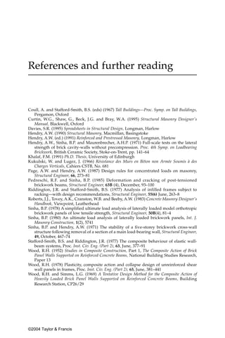 References and further reading



Coull, A. and Stafford-Smith, B.S. (eds) (1967) Tall Buildings—Proc. Symp. on Tall Buildings,
   Pergamon, Oxford
Curtin, W.G., Shaw, G., Beck, J.G. and Bray, W.A. (1995) Structural Masonry Designer’s
   Manual, Blackwell, Oxford
Davies, S.R. (1995) Spreadsheets in Structural Design, Longman, Harlow
Hendry, A.W. (1990) Structural Masonry, Macmillan, Basingstoke
Hendry, A.W. (ed.) (1991) Reinforced and Prestressed Masonry, Longman, Harlow
Hendry, A.W., Sinha, B.P. and Maurenbrecher, A.H.P. (1971) Full-scale tests on the lateral
   strength of brick cavity-walls without precompression. Proc. 4th Symp. on Loadbearing
   Brickwork, British Ceramic Society, Stoke-on-Trent, pp. 141–64
Khalaf, F.M. (1991) Ph.D. Thesis, University of Edinburgh
Kukulski, W. and Lugez, J. (1966) Résistance des Murs en Béton non Armée Soumis à des
   Charges Verticals, Cahiers CSTB, No. 681
Page, A.W. and Hendry, A.W. (1987) Design rules for concentrated loads on masonry,
   Structural Engineer, 66, 273–81
Pedreschi, R.F. and Sinha, B.P. (1985) Deformation and cracking of post-tensioned
   brickwork beams, Structural Engineer, 63B (4), December, 93–100
Riddington, J.R. and Stafford-Smith, B.S. (1977) Analysis of infilled frames subject to
   racking—with design recommendations, Structural Engineer, 55(6) June, 263–8
Roberts, J.J., Tovey, A.K., Cranston, W.B. and Beeby, A.W. (1983) Concrete Masonry Designer’s
   Handbook, Viewpoint, Leatherhead
Sinha, B.P. (1978) A simplified ultimate load analysis of laterally loaded model orthotropic
   brickwork panels of low tensile strength, Structural Engineer, 50B(4), 81–4
Sinha, B.P. (1980) An ultimate load analysis of laterally loaded brickwork panels, Int. J.
   Masonry Construction, 1(2), 5741
Sinha, B.P. and Hendry, A.W. (1971) The stability of a five-storey brickwork cross-wall
   structure following removal of a section of a main load-bearing wall, Structural Engineer,
   49, October, 467–74
Stafford-Smith, B.S. and Riddington, J.R. (1977) The composite behaviour of elastic wall-
   beam systems, Proc. Inst. Civ. Eng. (Part 2), 63, June, 377–91
Wood, R.H. (1952) Studies in Composite Construction, Part 1, The Composite Action of Brick
   Panel Walls Supported on Reinforced Concrete Beams, National Building Studies Research,
   Paper 13
Wood, R.H. (1978) Plasticity, composite action and collapse design of unreinforced shear
   wall panels in frames, Proc. Inst. Civ. Eng. (Part 2), 65, June, 381–441
Wood, R.H. and Simms, L.G. (1969) A Tentative Design Method for the Composite Action of
   Heavily Loaded Brick Panel Walls Supported on Reinforced Concrete Beams, Building
   Research Station, CP26/29




©2004 Taylor & Francis
 