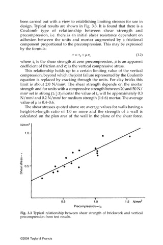 been carried out with a view to establishing limiting stresses for use in
design. Typical results are shown in Fig. 3.3. It is found that there is a
Coulomb type of relationship between shear strength and
precompression, i.e. there is an initial shear resistance dependent on
adhesion between the units and mortar augmented by a frictional
component proportional to the precompression. This may be expressed
by the formula:
                                                                         (3.2)

where τ0 is the shear strength at zero precompression, µ is an apparent
coefficient of friction and σc is the vertical compressive stress.
   This relationship holds up to a certain limiting value of the vertical
compression, beyond which the joint failure represented by the Coulomb
equation is replaced by cracking through the units. For clay bricks this
limit is about 2.0 N/mm2. The shear strength depends on the mortar
strength and for units with a compressive strength between 20 and 50 N/
mm2 set in strong          mortar the value of t0 will be approximately 0.3
N/mm2 and 0.2 N/mm2 for medium strength (1:1:6) mortar. The average
value of µ is 0.4–0.6.
   The shear stresses quoted above are average values for walls having a
height-to-length ratio of 1.0 or more and the strength of a wall is
calculated on the plan area of the wall in the plane of the shear force.




Fig. 3.3 Typical relationship between shear strength of brickwork and vertical
precompression from test results.




©2004 Taylor & Francis
 