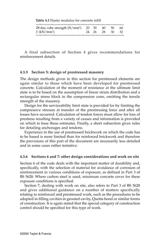Table 4.3 Elastic modulus for concrete infill




   A final subsection of Section 4 gives recommendations for
reinforcement details.



4.3.5   Section 5: design of prestressed masonry
The design methods given in this section for prestressed elements are
again similar to those which have been developed for prestressed
concrete. Calculation of the moment of resistance at the ultimate limit
state is to be based on the assumption of linear strain distribution and a
rectangular stress block in the compression zone, omitting the tensile
strength of the masonry.
   Design for the serviceability limit state is provided for by limiting the
compressive stresses at transfer of the prestressing force and after all
losses have occurred. Calculation of tendon forces must allow for loss of
prestress resulting from a variety of causes and information is provided
on which to base these estimates. Finally, a short subsection gives rules
for detailing anchorages and tendons.
   Experience in the use of prestressed brickwork on which the code has
to be based is more limited than for reinforced brickwork and therefore
the provisions of this part of the document are necessarily less detailed
and in some cases rather tentative.


4.3.6   Sections 6 and 7: other design considerations and work on site
Section 6 of the code deals with the important matter of durability and,
specifically, with the selection of material for avoidance of corrosion of
reinforcement in various conditions of exposure, as defined in Part 3 of
BS 5628. Where carbon steel is used, minimum concrete cover for these
exposure conditions is specified.
   Section 7, dealing with work on site, also refers to Part 3 of BS 5628
and gives additional guidance on a number of matters specifically
relating to reinforced and prestressed work, such as the procedures to be
adopted in filling cavities in grouted cavity, Quetta bond or similar forms
of construction. It is again stated that the special category of construction
control should be specified for this type of work.




©2004 Taylor & Francis
 