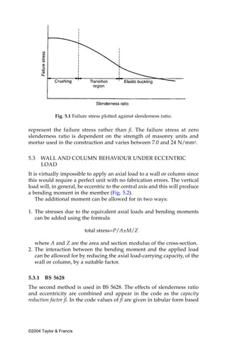 Fig. 5.1 Failure stress plotted against slenderness ratio.

represent the failure stress rather than ß. The failure stress at zero
slenderness ratio is dependent on the strength of masonry units and
mortar used in the construction and varies between 7.0 and 24 N/mm2.

5.3     WALL AND COLUMN BEHAVIOUR UNDER ECCENTRIC
        LOAD
It is virtually impossible to apply an axial load to a wall or column since
this would require a perfect unit with no fabrication errors. The vertical
load will, in general, be eccentric to the central axis and this will produce
a bending moment in the member (Fig. 5.2).
    The additional moment can be allowed for in two ways:

1. The stresses due to the equivalent axial loads and bending moments
   can be added using the formula

                           total stress=P/A±M/Z

   where A and Z are the area and section modulus of the cross-section.
2. The interaction between the bending moment and the applied load
   can be allowed for by reducing the axial load-carrying capacity, of the
   wall or column, by a suitable factor.

5.3.1    BS 5628
The second method is used in BS 5628. The effects of slenderness ratio
and eccentricity are combined and appear in the code as the capacity
reduction factor ß. In the code values of ß are given in tabular form based




©2004 Taylor & Francis
 