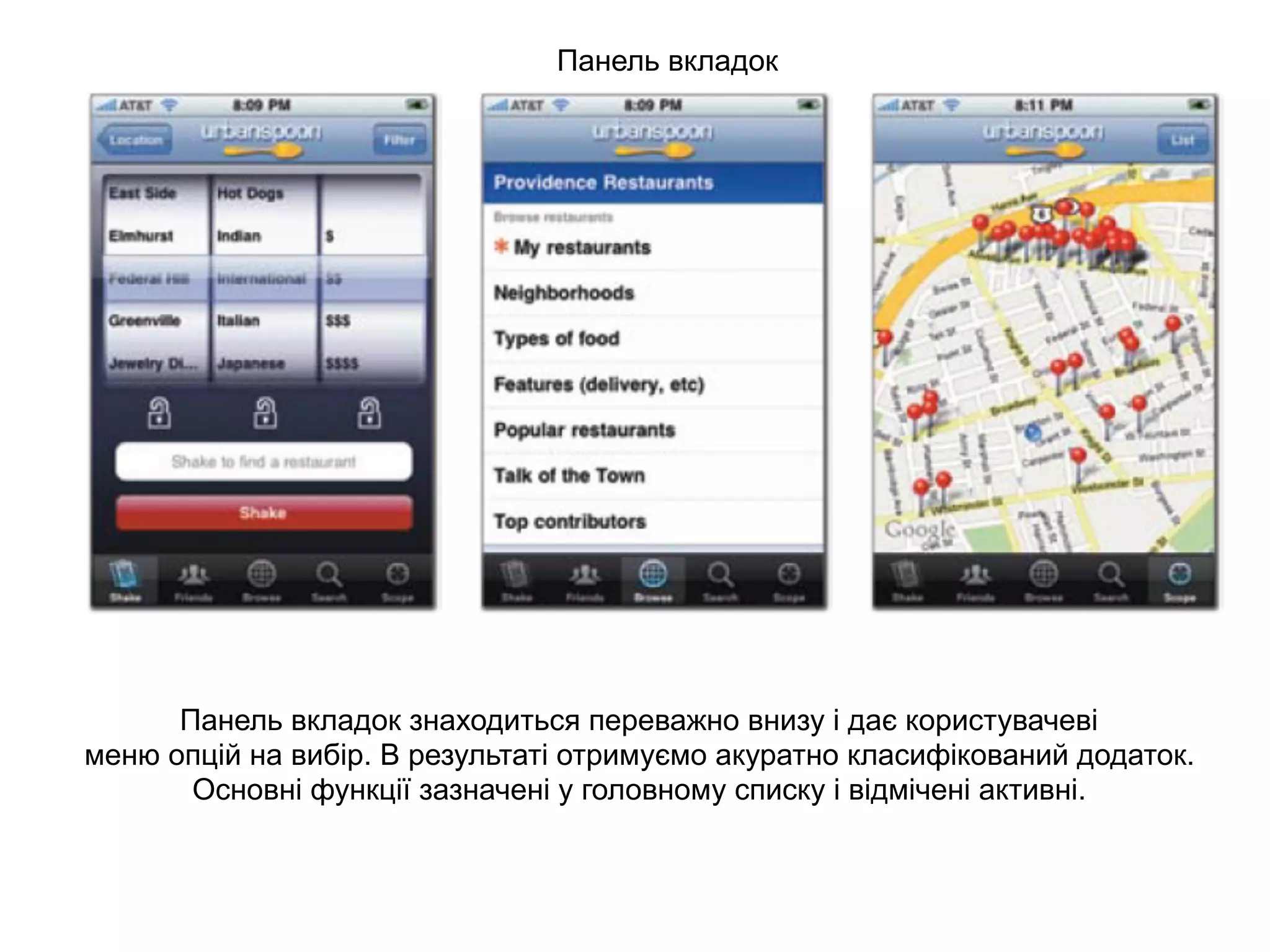 Панель вкладок
Панель вкладок знаходиться переважно внизу і дає користувачеві 
меню опцій на вибір. В результаті отримуємо акуратно класифікований додаток.
Основні функції зазначені у головному списку і відмічені активні.
 
