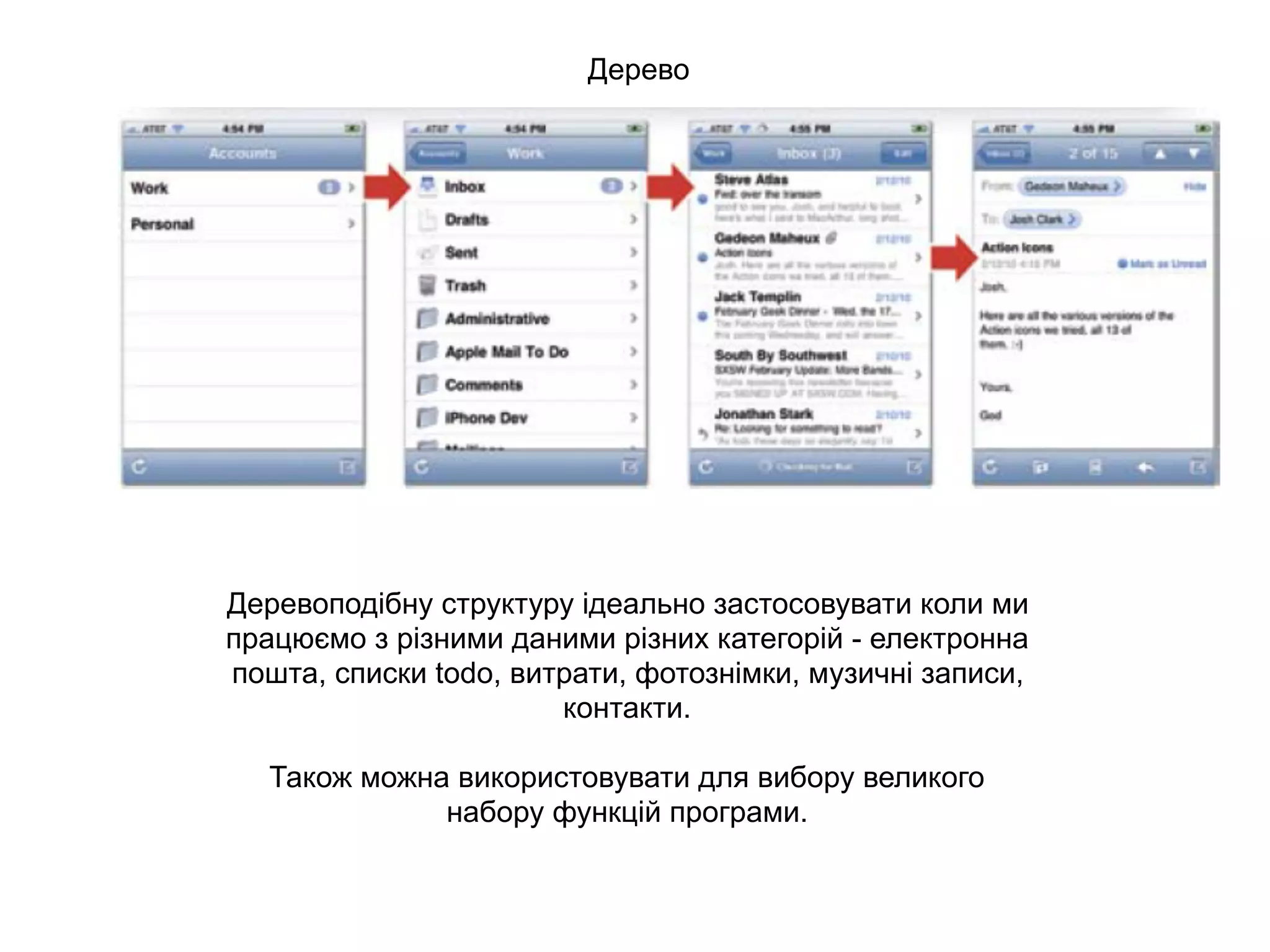Дерево
Деревоподібну структуру ідеально застосовувати коли ми
працюємо з різними даними різних категорій - електронна
пошта, списки todo, витрати, фотознімки, музичні записи,
контакти.
Також можна використовувати для вибору великого
набору функцій програми.
 